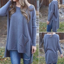 Casual Style Solid Color Round Neck Long Sleeve Irregular Hem Tops