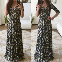 Elegant V-neck Half Sleeve Floral Printed Maxi Dress