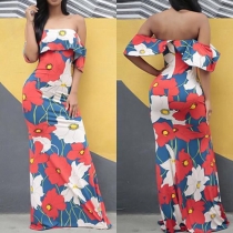Sexy Flouncing Strapless Printed Maxi Dress