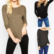Sexy Backless Long Sleeve Round Neck Solid Color T-shirt