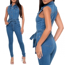Distressed Style Sleeveless Round Neck Ripped Denim Jumpsuits