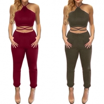 Sexy Backless Lace-up Crop Tops + High Waist Pants Two-piece Set