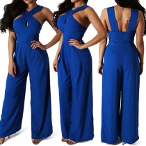 Sexy Backless High Waist Solid Color Crossover Jumpsuits