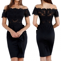 Sexy Lace Spliced Boat Neck Slim Fit Dress