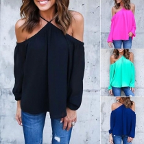 Sexy Off-shoulder Long Sleeve Solid Color Chiffon Tops