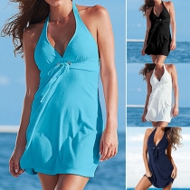 Sexy Deep V-neck Backless Solid Color Beach Dress