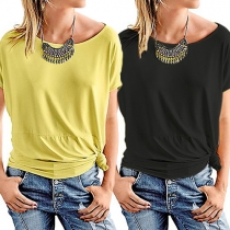 Fashion Solid Color Round Neck Knotted Bat Sleeve Tops