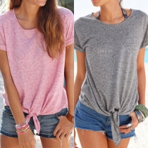 Casual Style Solid Color Round Neck Short Sleeve Knotted T-shirt