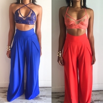 Sexy Solid Color Lace Crop Tops and Pants Two Pieces Set