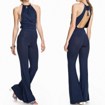 Sexy Solid Color Round Neck Sleeveless Backless Halter Jumpsuit