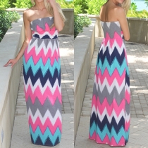 Fashion Contrast Color Strapless Backless Wave Print Maxi Dress