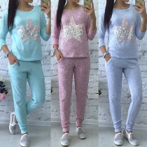 Casual Style Star Sequin Long Sleeve Tops and Pants Two Pieces Set