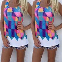 Trendy Round Neck Sleeveless Colorful Geometric Printed T-shirt