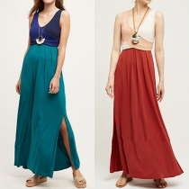 Fashion Contrast Color V-neck Sleeveless Slit Hem Maxi Dress