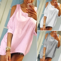 Fashion Solid Color Round Neck Cold Shoulder High-low Tops
