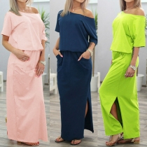 Trendy Solid Color Round Neck Short Sleeve Slit Hem Maxi Dress