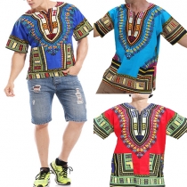 Ethnic Style Contrast Color Printed Short Sleeve T-shirt For Men