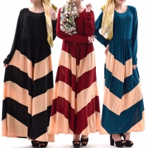 Elegant Stripes Round Neck Long Sleeve Loose-fitting Maxi Dress