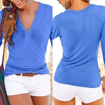 Casual Style Solid Color V-neck Long Sleeve T-shirt