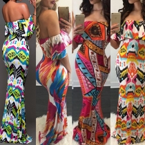 Sexy Off Shoulder Backless Printed Ruffle Bodycon Maxi Dress