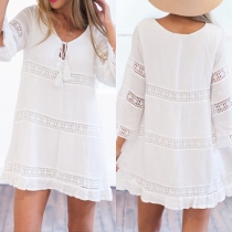 Trendy Solid Color Round Neck 3/4 Sleeve Hollow Out Loose-fitting Dress