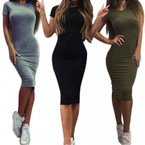 Sexy Solid Color Round Neck Short Sleeve Bodycon Dress