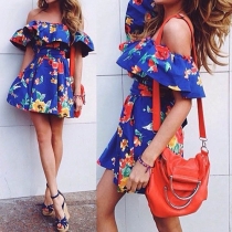 Sweet Off Shoulder Floral Printed Ruffle Gathered Waist Dress
