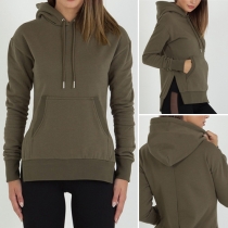 Casual Style Solid Color Long Sleeve Hooded Side Slit Tops