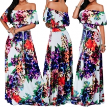 Sexy Off Shoulder Flowers Printed Ruffle Maxi Dress