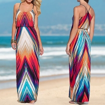 Sexy Backless Colorful Printed Sling Maxi Dress