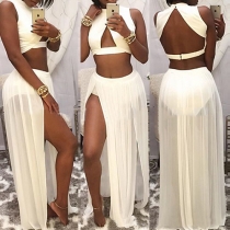 Sexy Hollow Out Backless Crop Top + Maxi Skirt Two Pieces Set