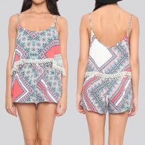 Sweet Printed Round Neck Backless Tassel Sling Tops and Shorts Two-piece Set