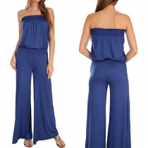 Fashion Solid Color Strapless Gathered Waist Jumpsuit