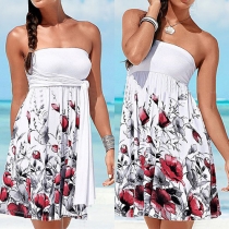 Sexy Floral Printed Strapless Halter Dress
