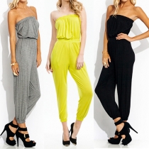 Casual Style Solid Color Strapless Gathered Waist Jumpsuit