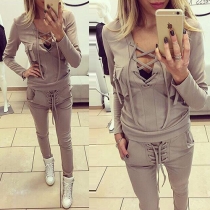 Fashion Deep V-neck Lace-up Long Sleeve Tops and Pants Two-piece Set