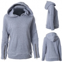 Casual Style Solid Color Hooded Zipper Long Sleeve Sweatshirt For Women