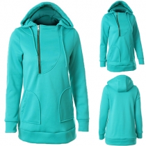 Casual Style Solid Color Front Zipper Long Sleeve Hooded Tops 