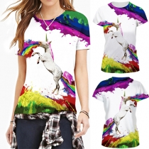 Fashion Rainbow Horse Printed Round Neck Short Sleeve T-shirt