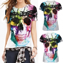 Trendy Colorful Skull Printed Round Neck Short Sleeve T-shirt