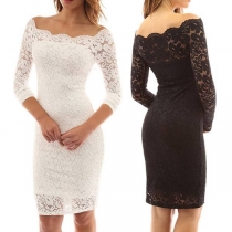 Sexy Solid Color Boat Neck Long Sleeve Lace Hollow Out Dress