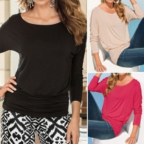 Casual Style Solid Color Crinkle Round Neck Long Sleeve Tops
