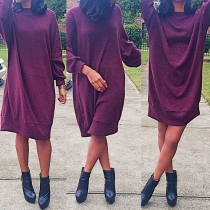 Fashion Solid Color Round Neck Long Sleeve Loose-fitting Dress