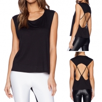 Sexy Solid Color Back Hollow Out Round Neck Sleeveless Tops