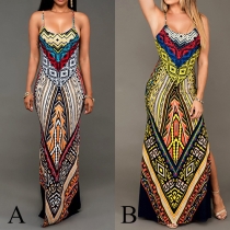 Bohemian Style Contemporary Tribal Print High-Slit Cami Maxi Dress