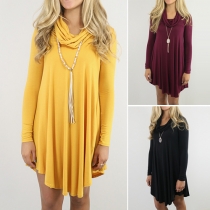 Trendy Solid Color Scarf Collar Long Sleeve Loose-fitting Dress