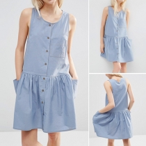 Casual Style Solid Color Button Down Round Neck Sleeveless Dress