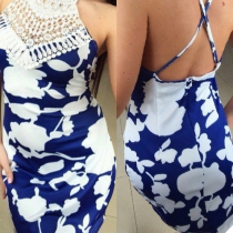 Sexy Printed Round Neck Sleeveless Backless Hollow Out Sling Dress