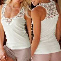 Sexy Solid Color Round Neck Sleeveless Lace Hollow Out Tops