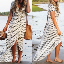 Fashion Rhombus Printed V-neck Short Sleeve Irregular Hem Maxi Dress
